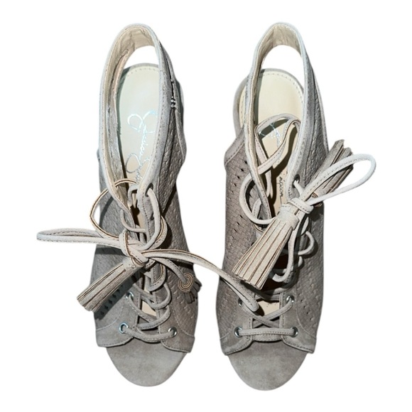Jessica Simpson Suede Taupe Lace Up Tassel Block Heels - Picture 1 of 3